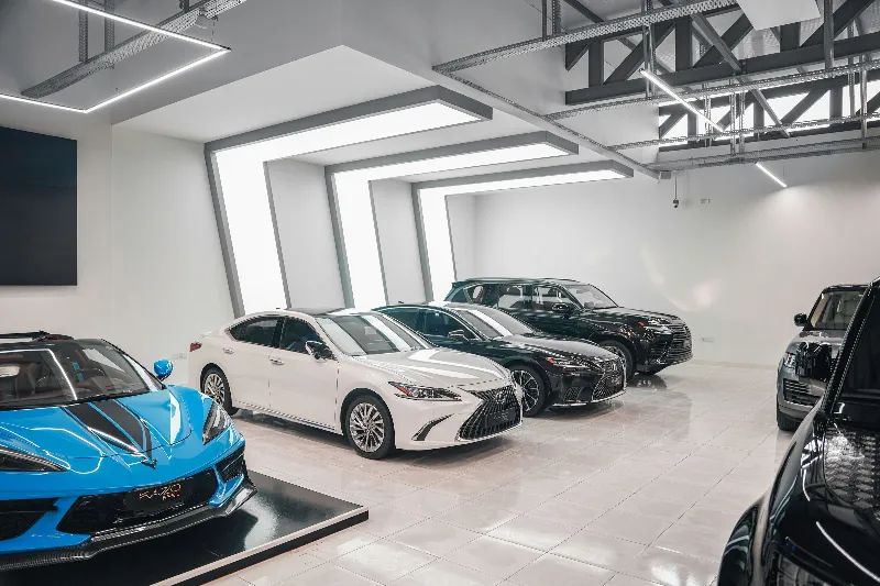 Premium cars parked in a showroom